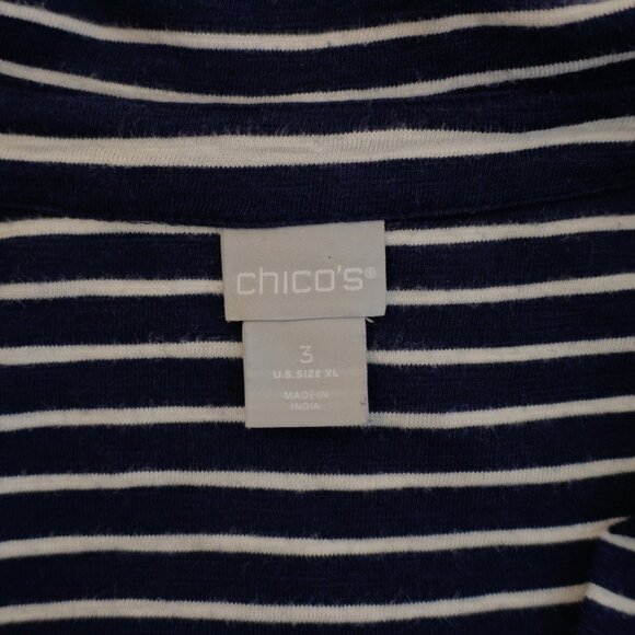 Chicos XL Top Size 3 Blue White Button Front Striped Rolled Tab Collared Long Sl - Picture 9 of 10